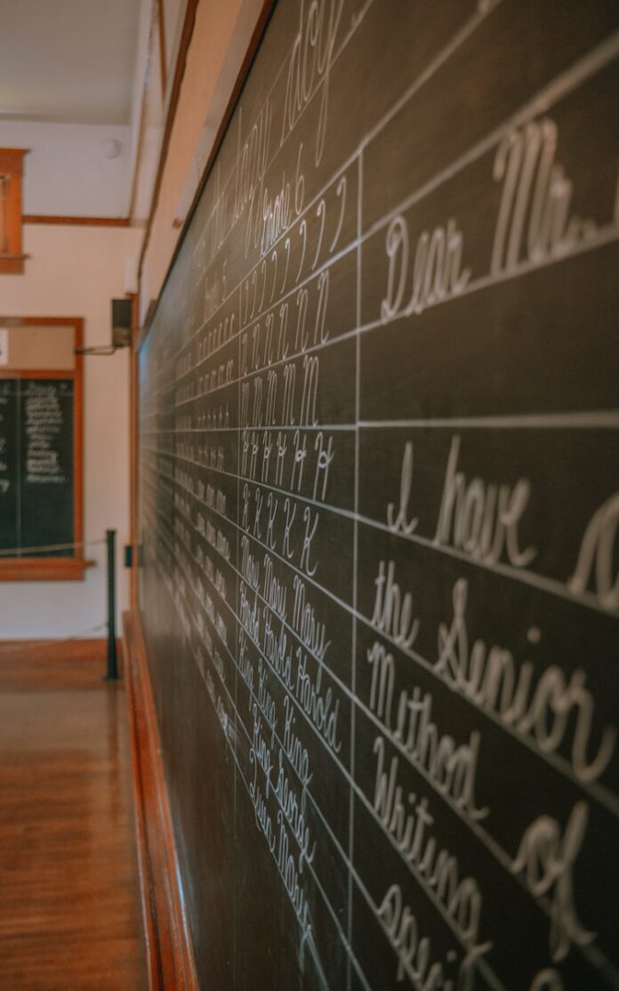 Photo by Albert Stoynov a blackboard with writing on it in a room
